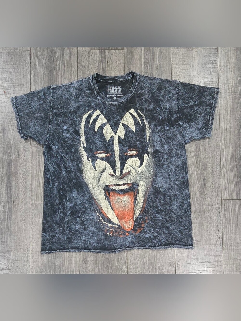KISS Gene Simmons Demon Face T-Shirt Large Acid Wash Goodie Two Sleeves Rock Tee